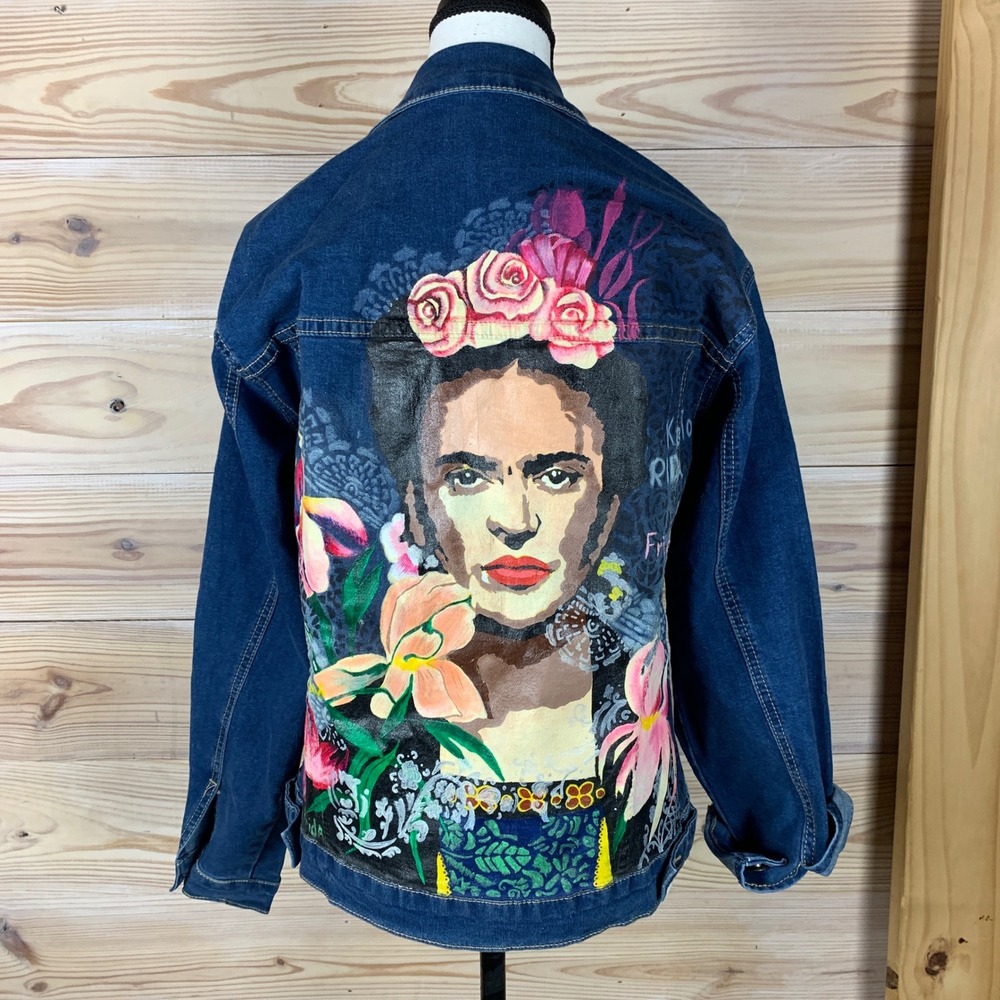 Frida Kahlo Hand Painted AJ Jeans Denim Jacket Women Small Trucker Rare
